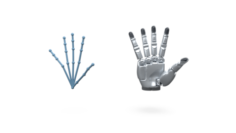 Tracked hand skeleton and retargeted robot hand side by side