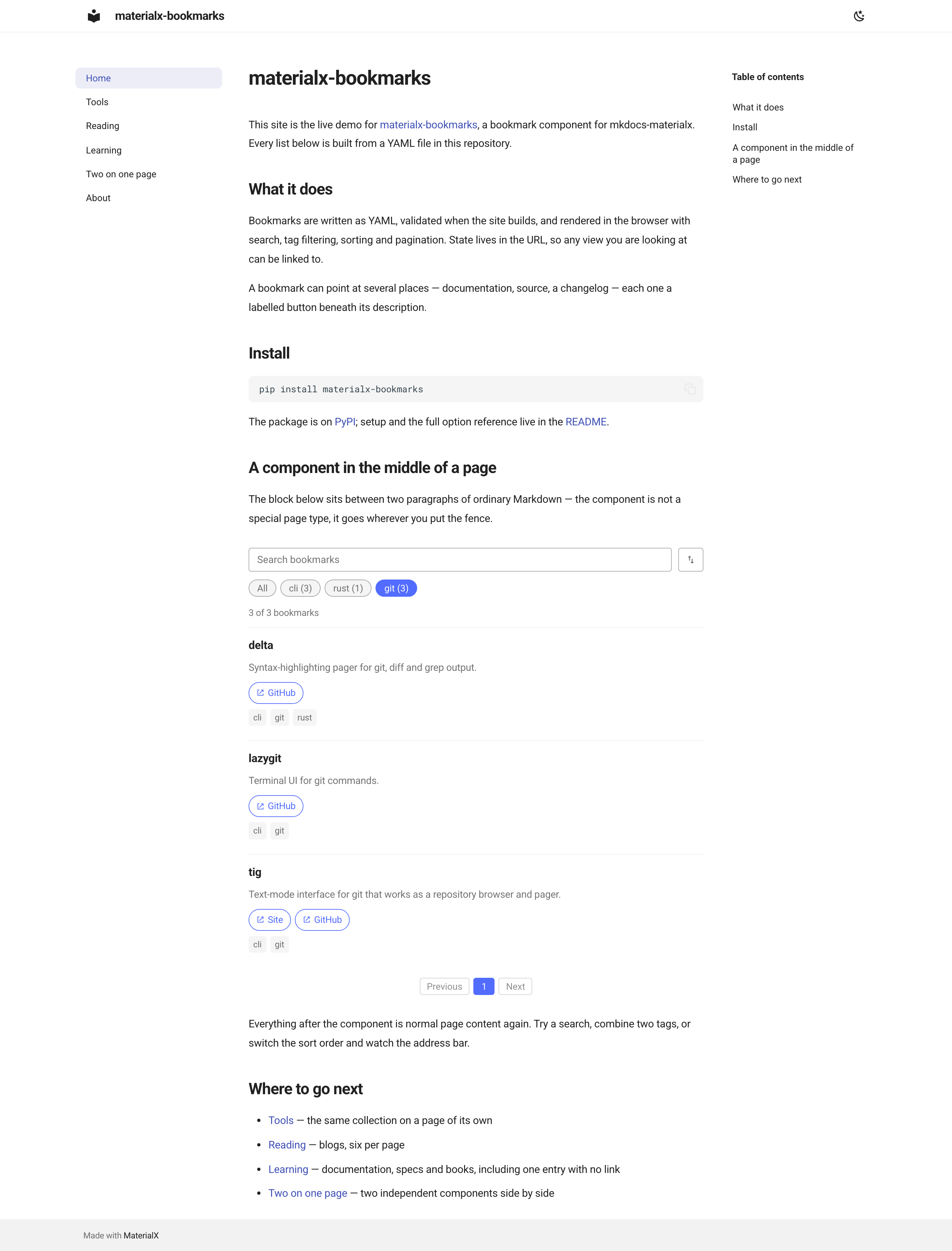 A full documentation page in the light theme: site header, navigation sidebar, table of contents, and a bookmark component sitting between two paragraphs of ordinary prose, showing a search box, tag chips with counts, an active git filter, three bookmarks each with labelled link buttons, and centered pagination.