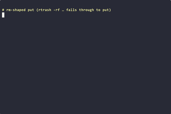 Terminal demo: rtrash -rf, multi-call, rm globs, empty --dry-run, keys