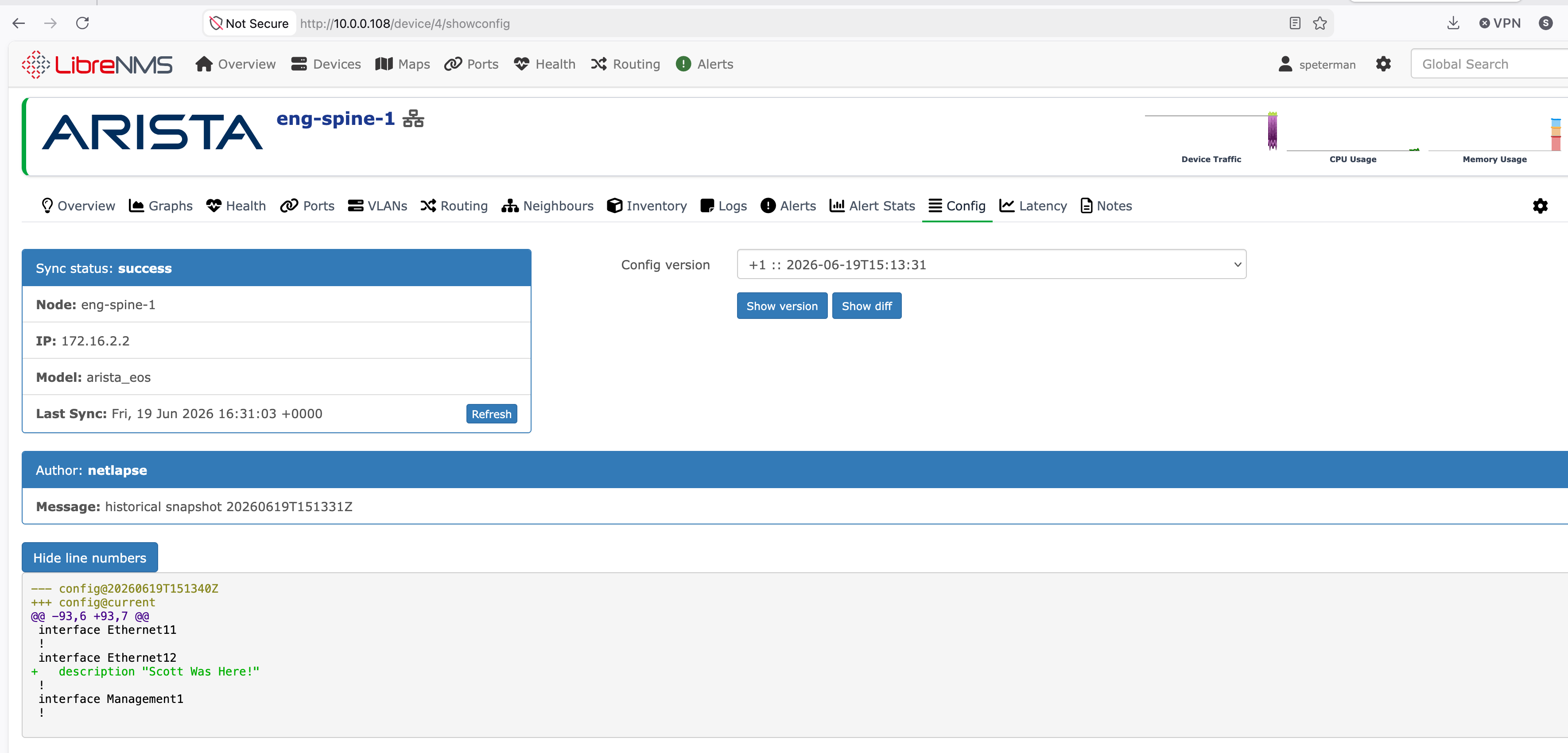 LibreNMS Show diff rendering a Netlapse unified diff between two config versions