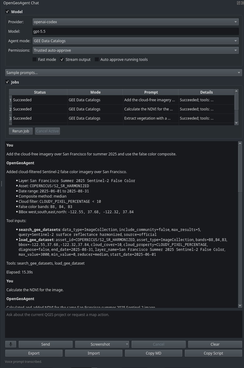 OpenGeoAgent QGIS plugin GUI