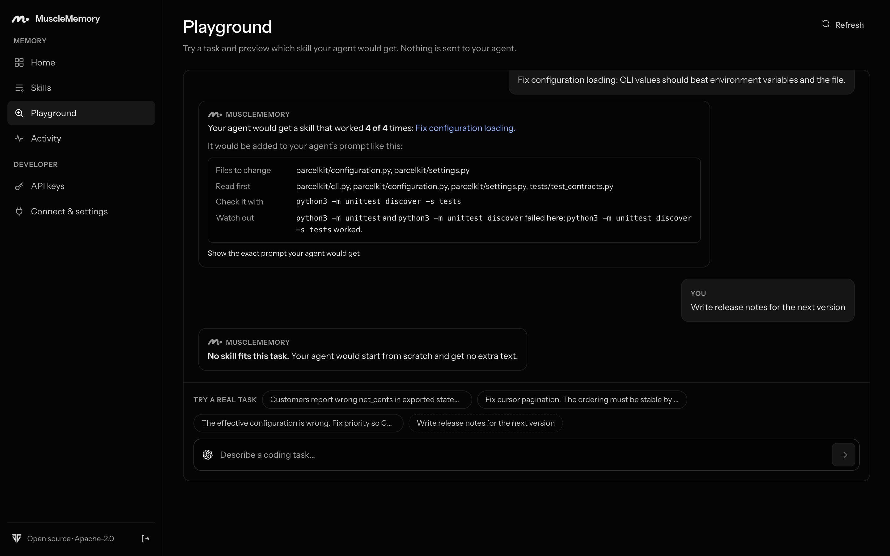 The MuscleMemory playground: a task, the skill it matched, and what gets added to the agent's prompt