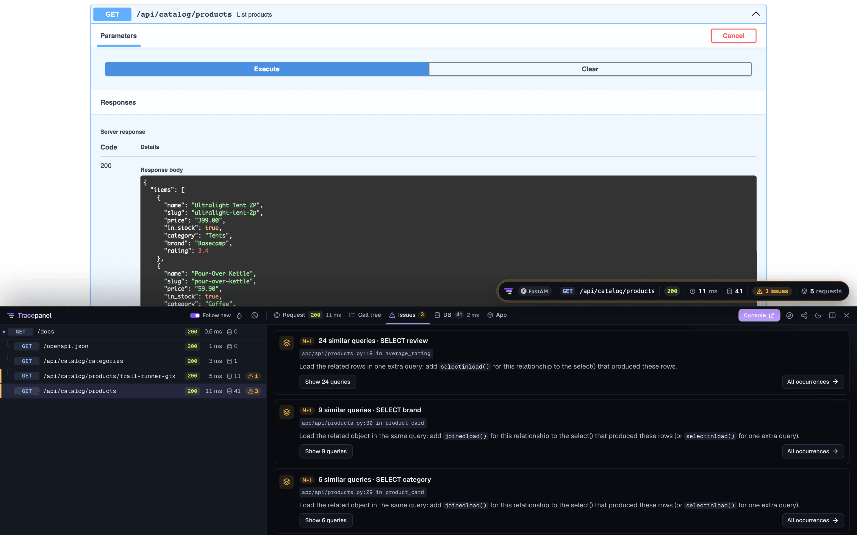 The same Swagger UI with the panel docked under it on that request's Issues tab: each N+1 with the line it comes from and the fix