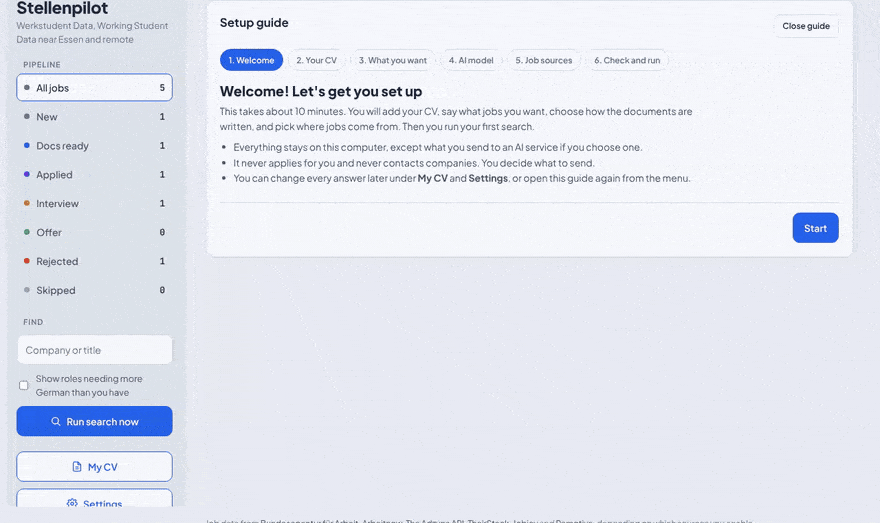 Stellenpilot in 60 seconds: setup guide, CV import, settings, a daily run and the matched jobs