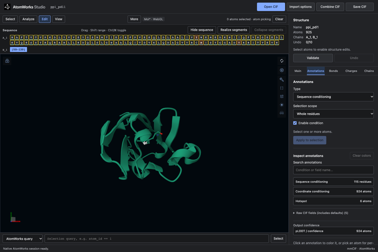 AtomWorks Studio in the browser: sequence view, Mol* viewer and annotation panel