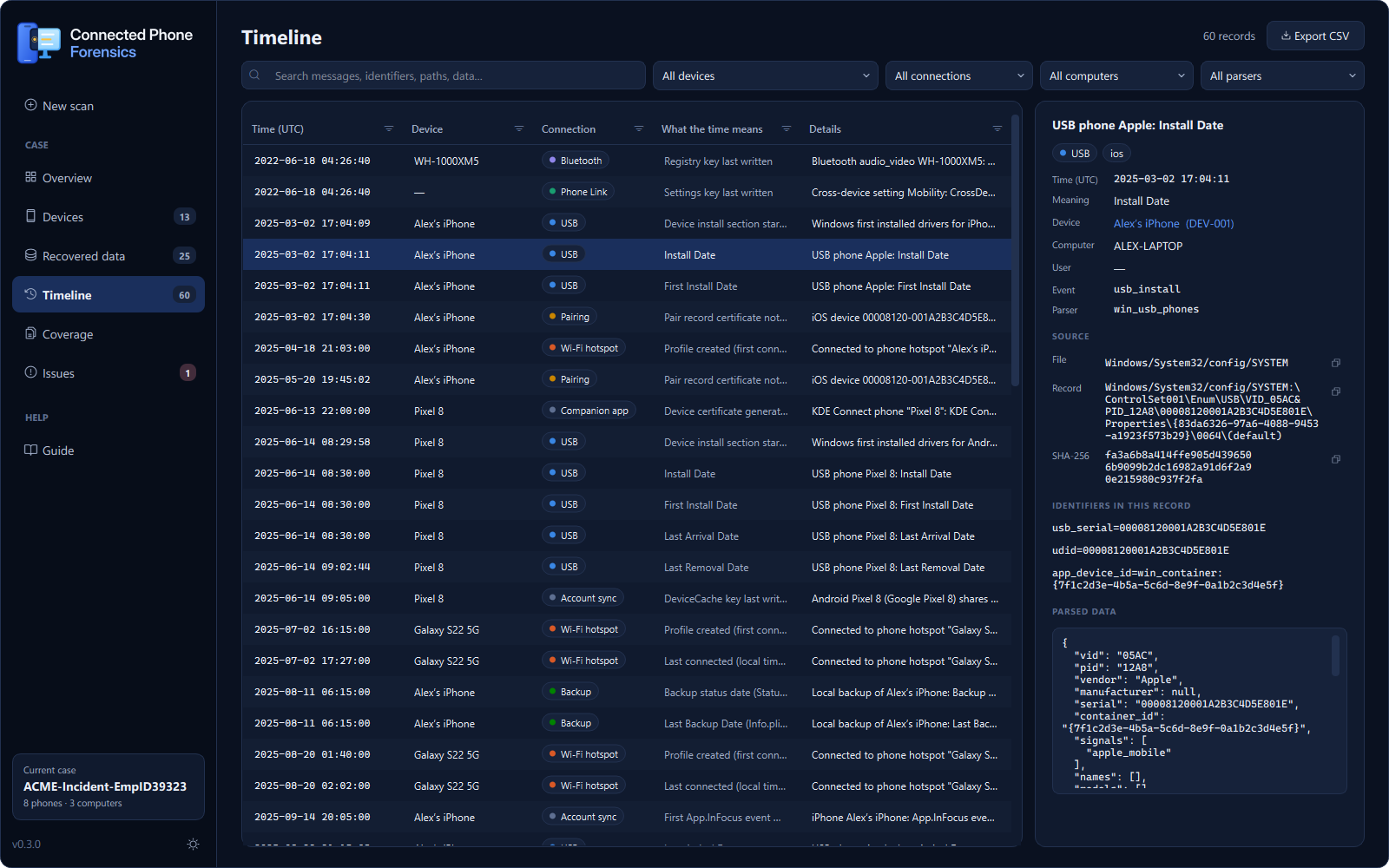 Timeline with filters and the provenance of the selected record