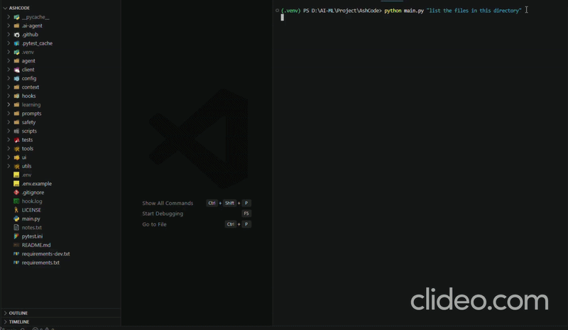 AshCode resolving a single prompt from the terminal