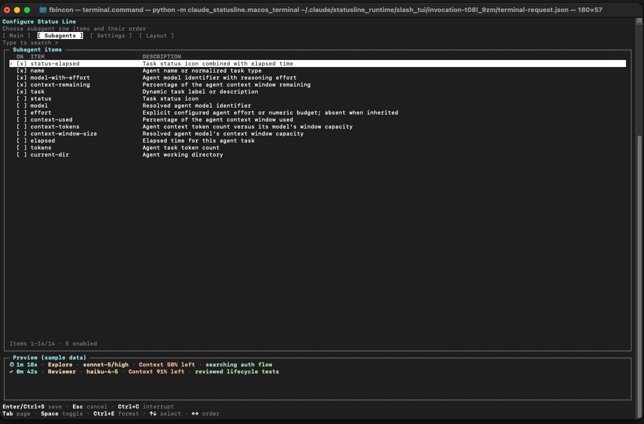 macOS external TUI Subagents page with sample preview