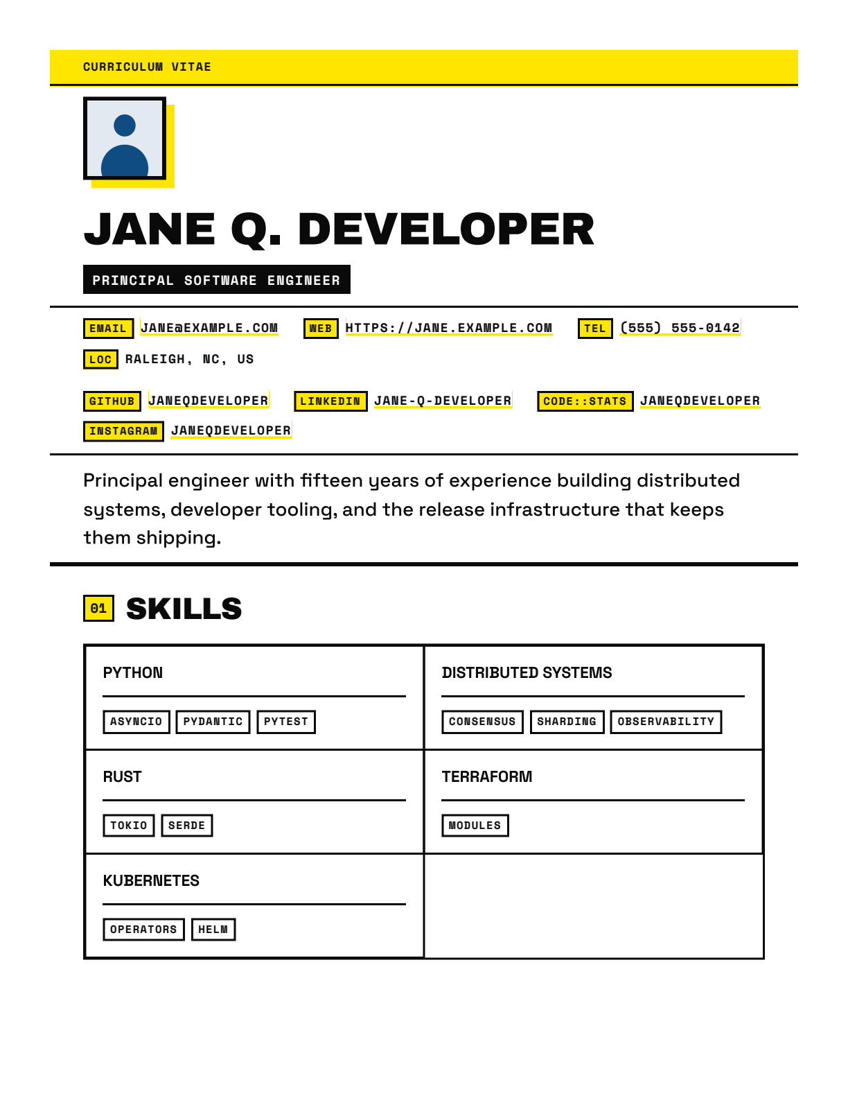 Sample resume generated from resume.json and brutalist.less