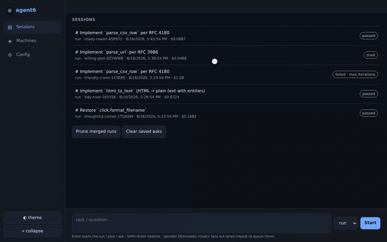 the web UI: the hub, a session view with expanded tool detail, the sandbox config