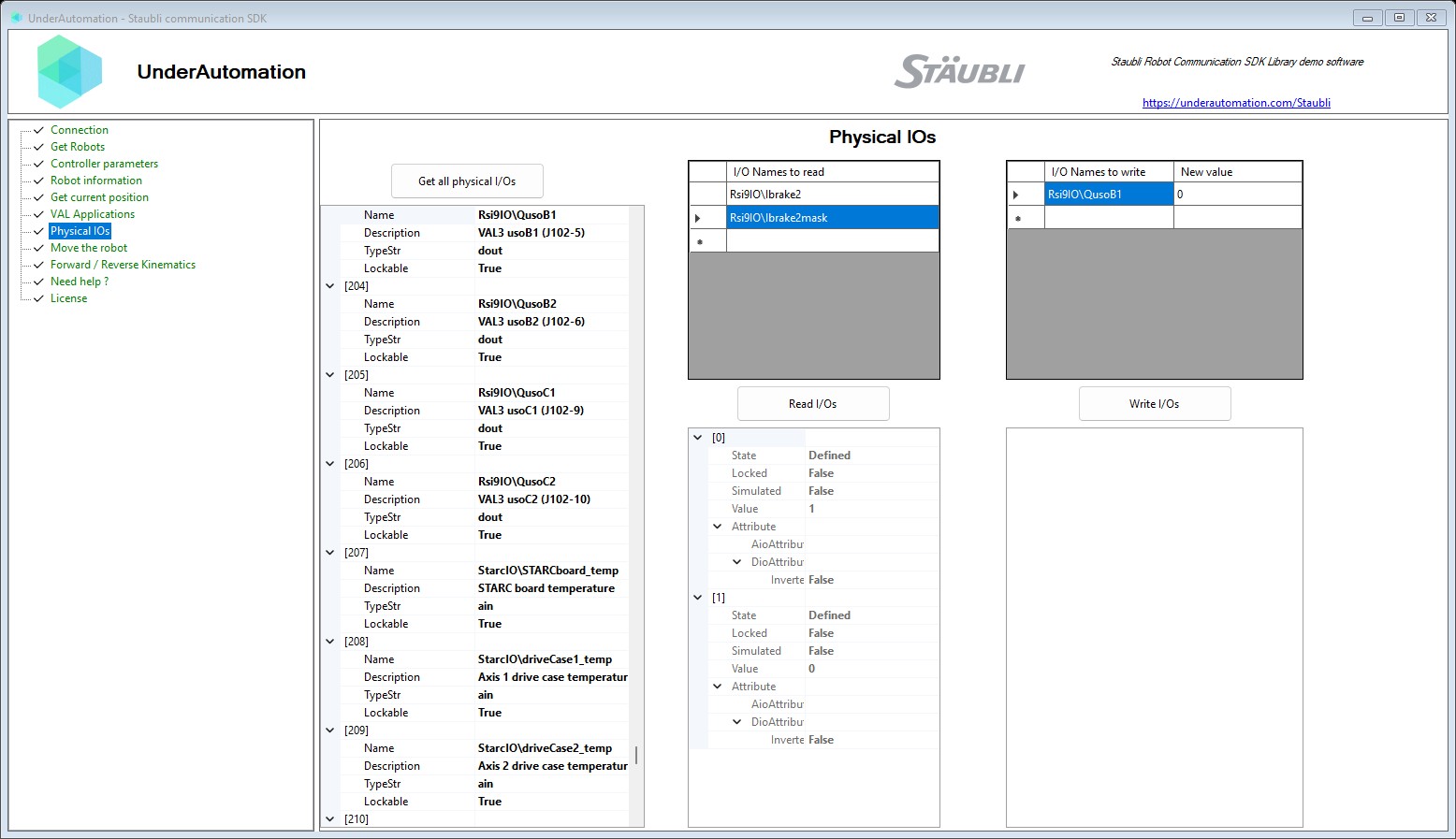 UnderAutomation Staubli communication SDK