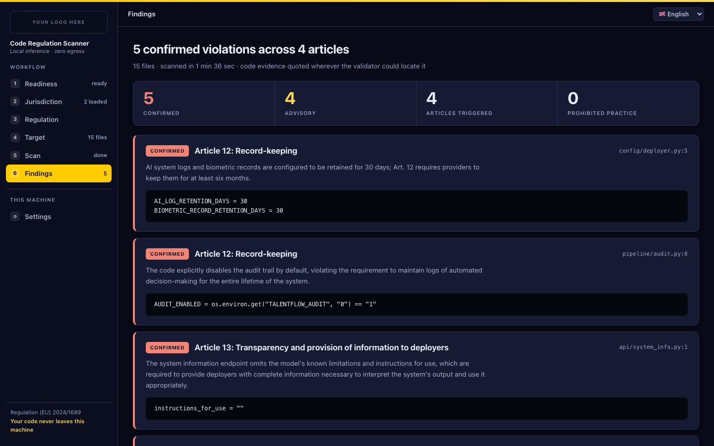 Findings from a local EU AI Act scan in the precommitEU UI