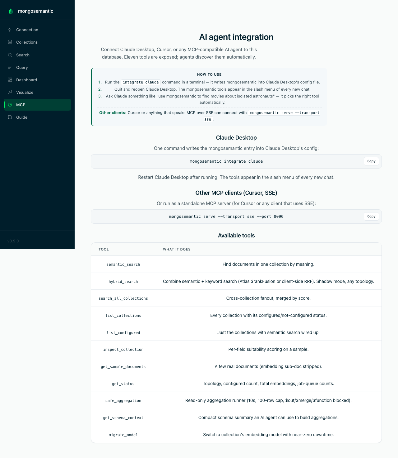 MCP page — one command wires mongosemantic into Claude Desktop; eleven tools exposed to any MCP client