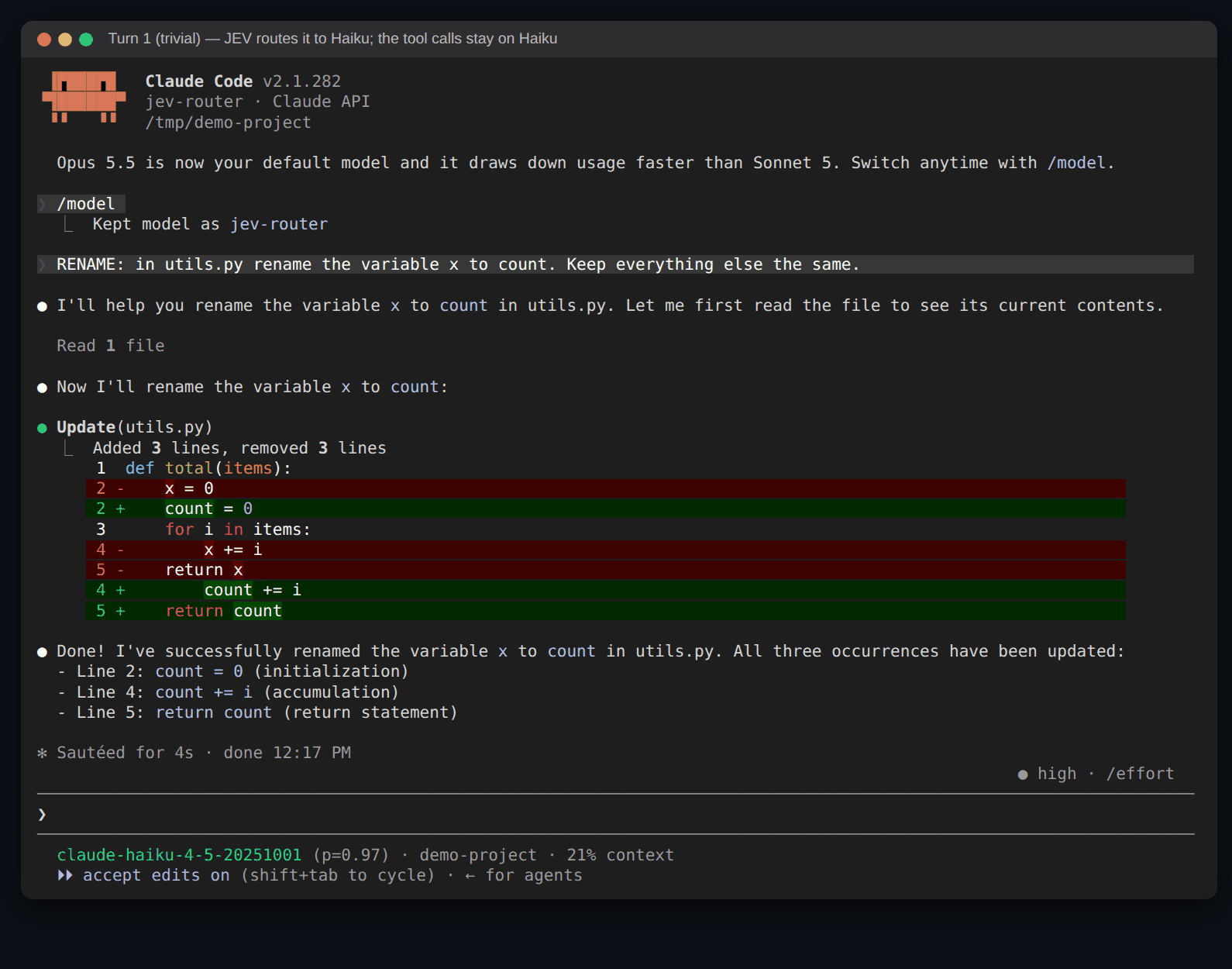 A rename task routed to Haiku