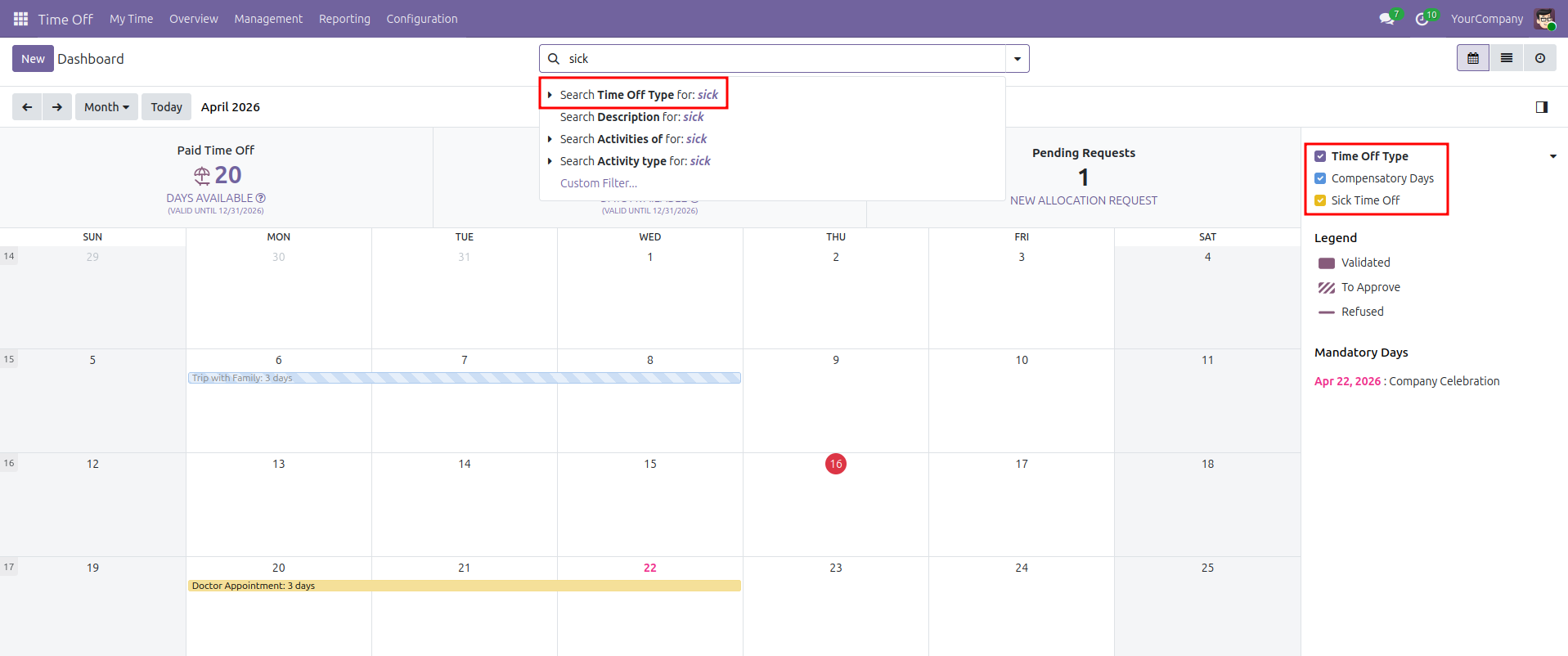 Leave Type filters at Overview