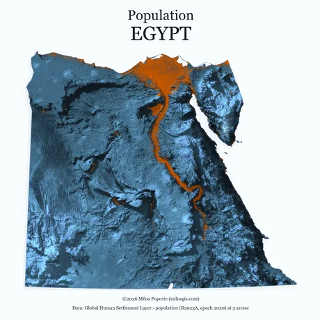 Egypt in cold blue relief with the Nile and its delta glowing orange