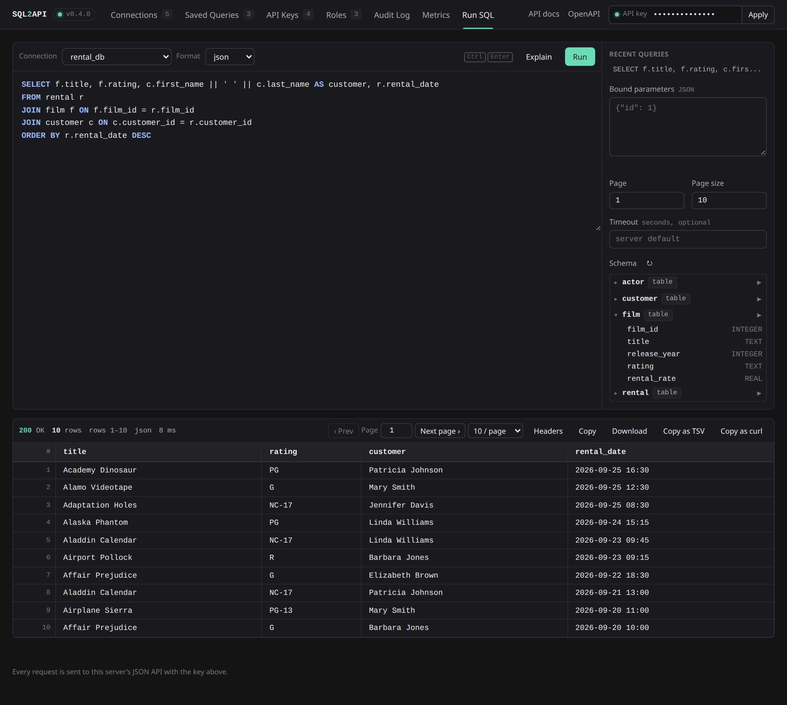 SQL2API admin UI: a joined SQL query running against a SQLite connection, with the schema browser expanded and paginated JSON results below