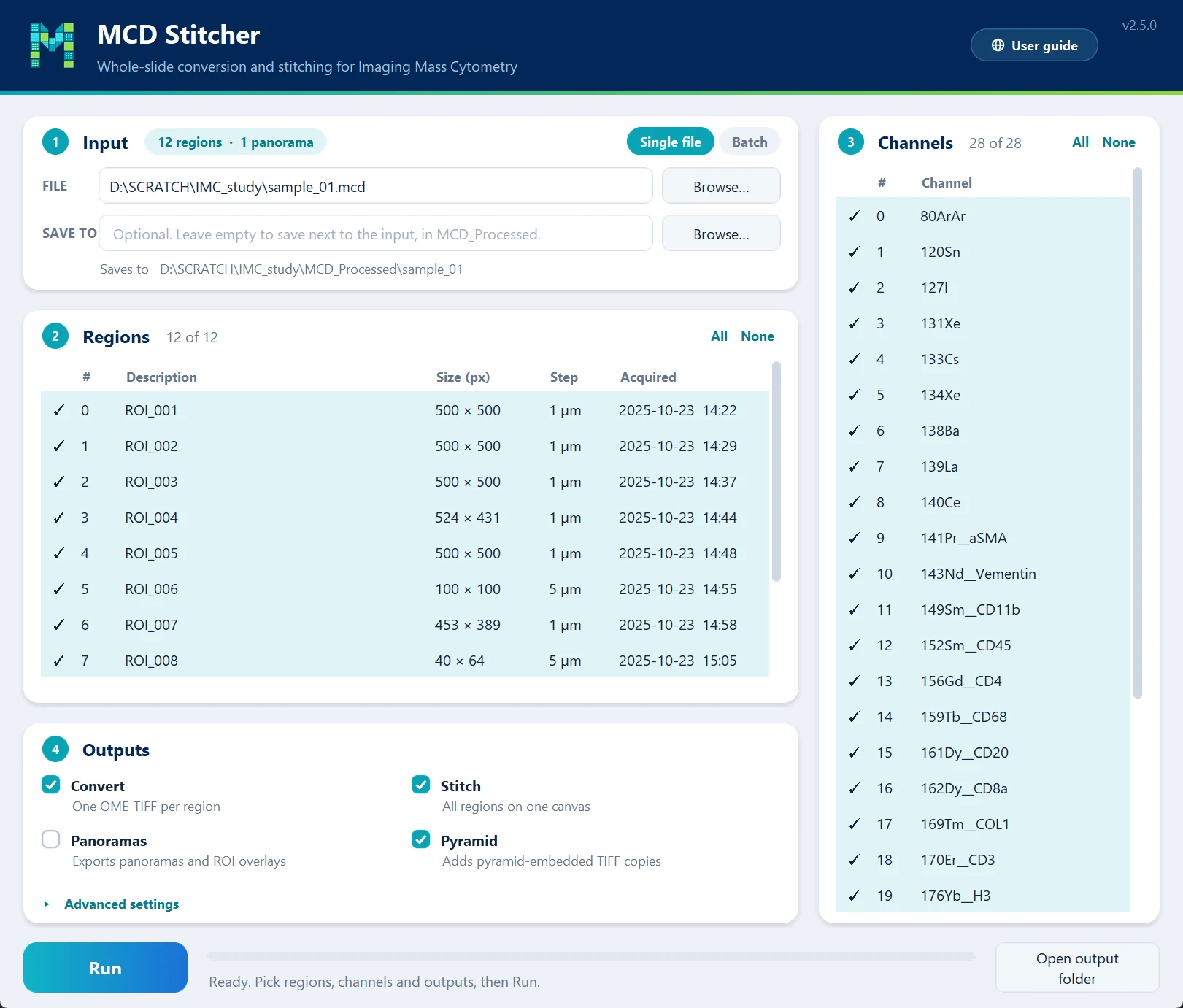 The MCD Stitcher desktop app, with a file loaded and ready to run