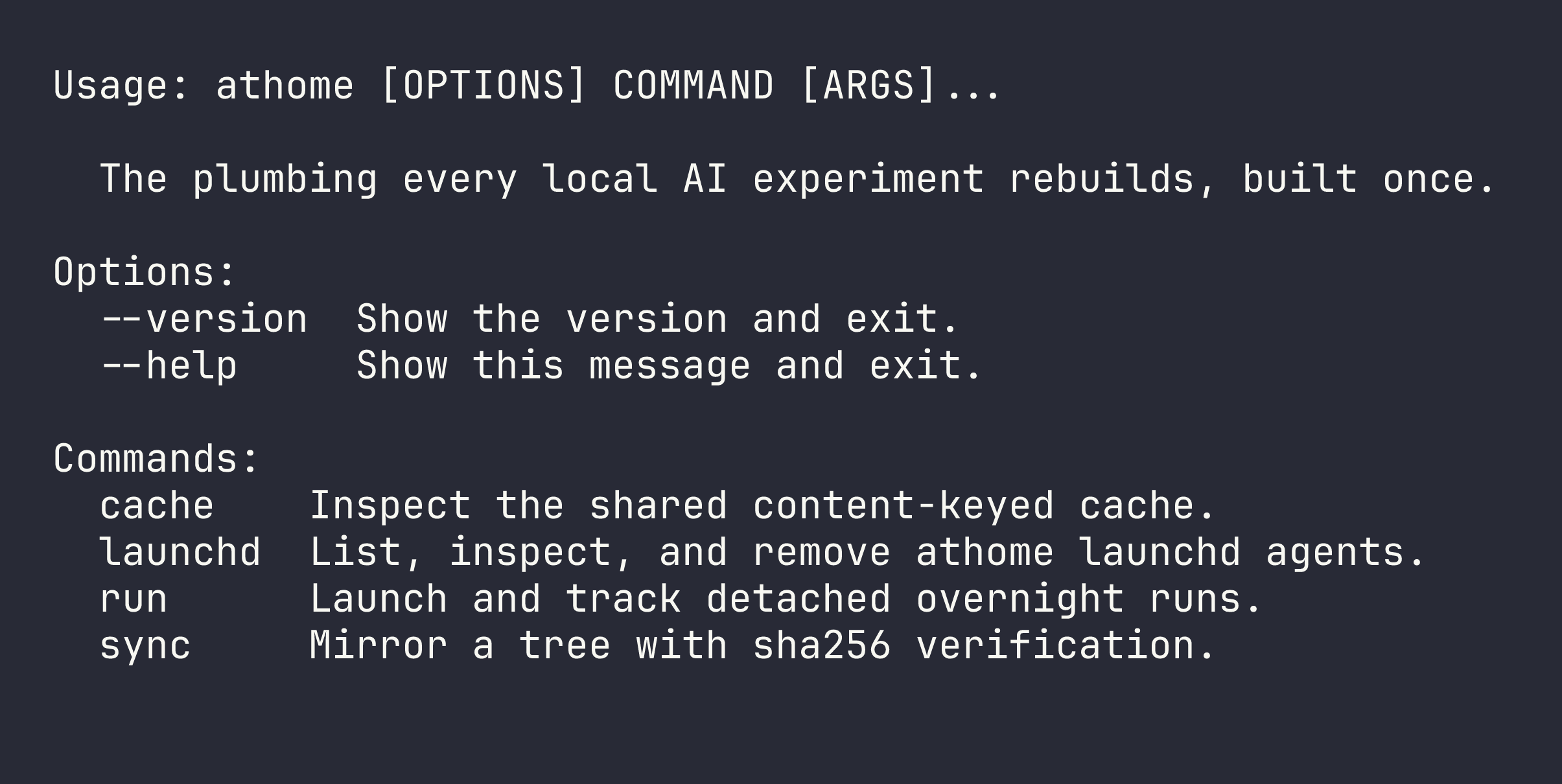 Terminal running 'uv run athome --help' — the cache, launchd, run, and sync command groups