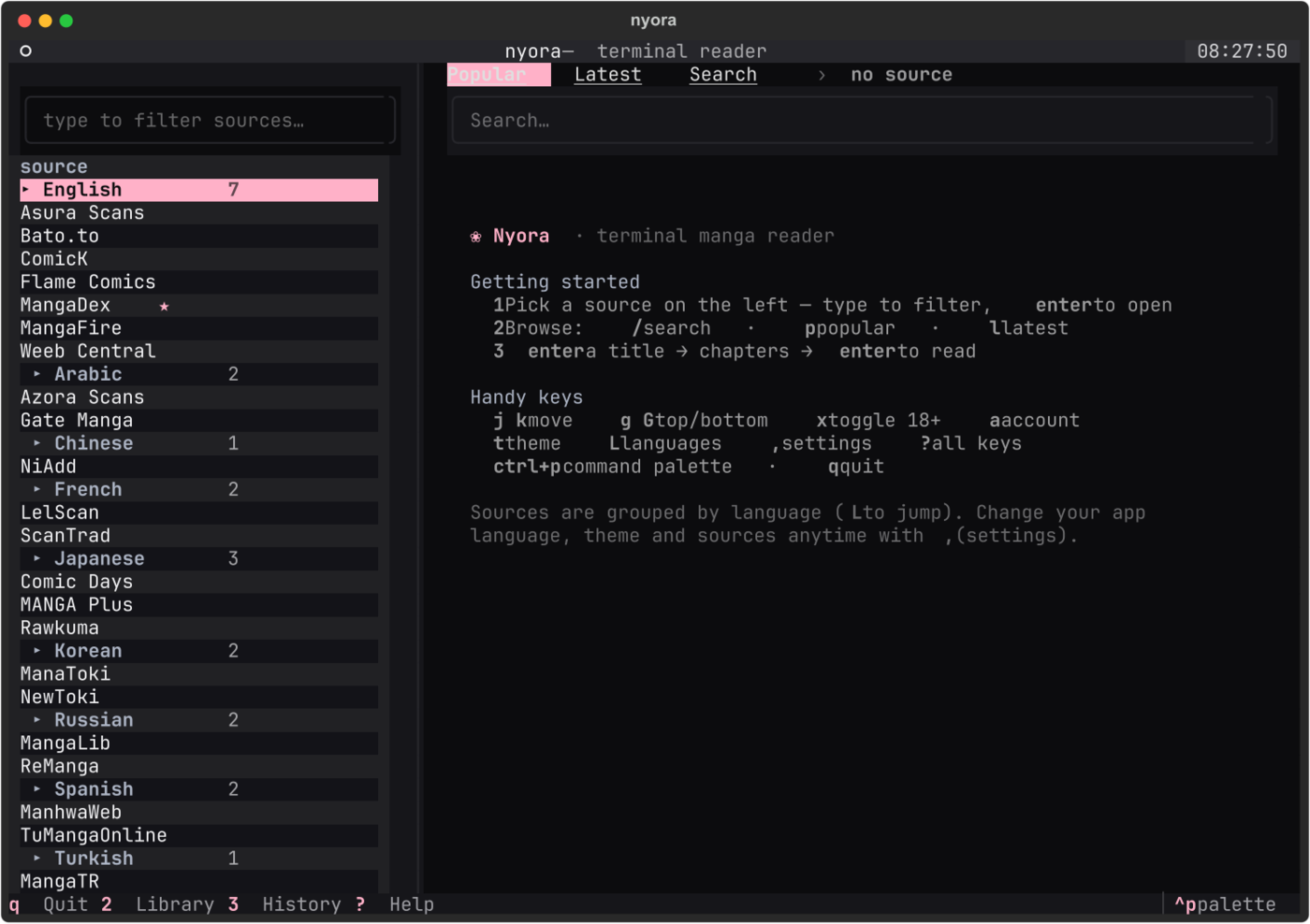 Nyora TUI — sources grouped by language, keyboard-driven