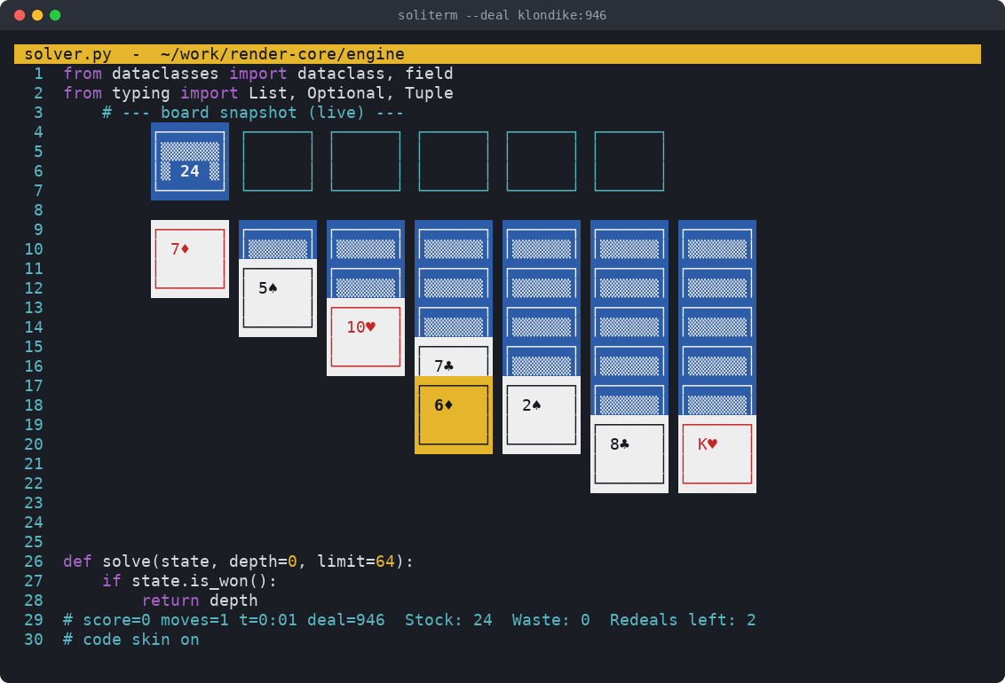 Klondike deal 946 after one move, drawn inside what looks like a Python file called solver.py: line numbers down the left, a few imports and the start of a solve function around the cards, and the status line, from the score to the redeals left, written as a comment under them.