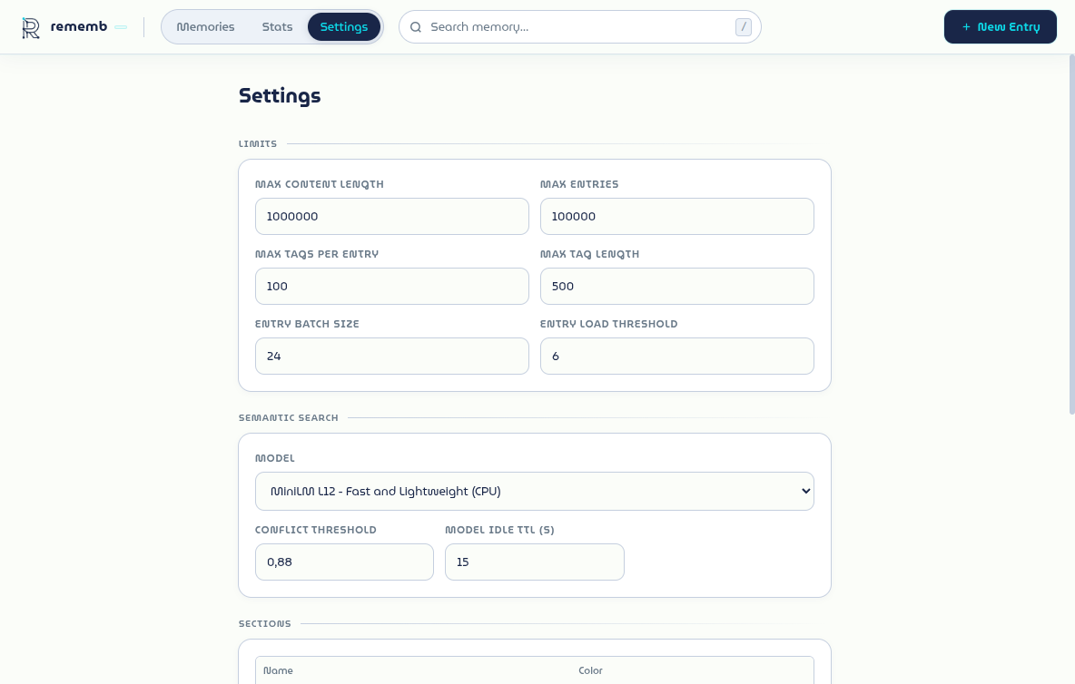 rememb settings view