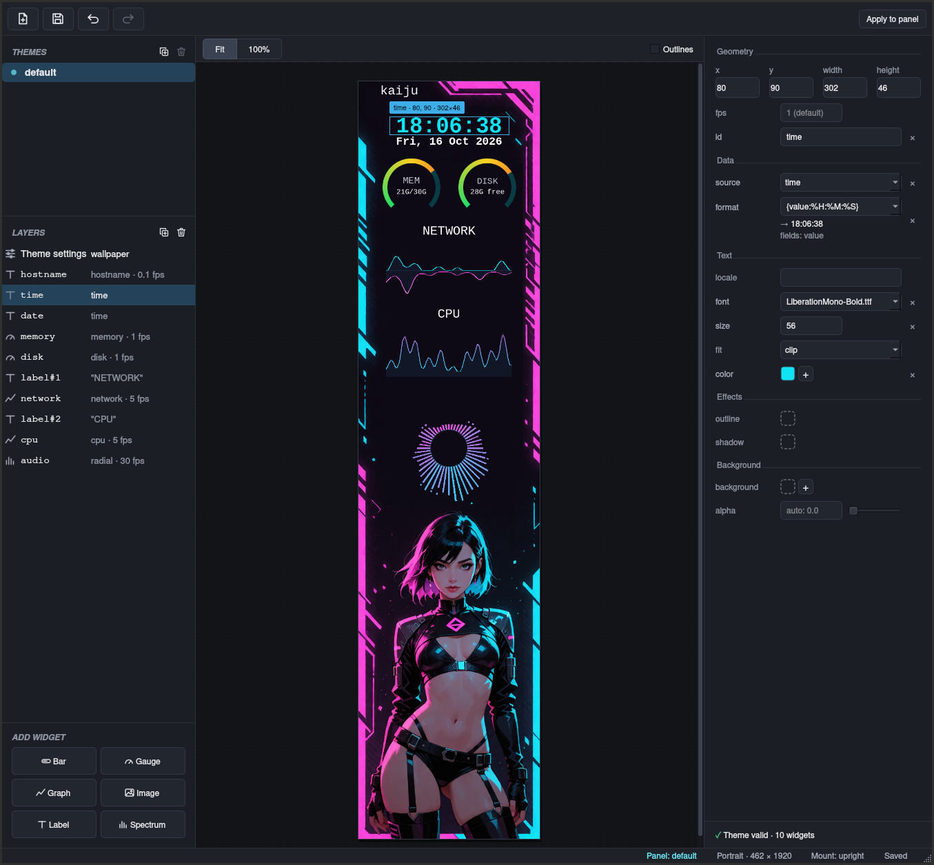 The akp02d theme editor: layers, a live preview of the panel, and the selected widget's settings