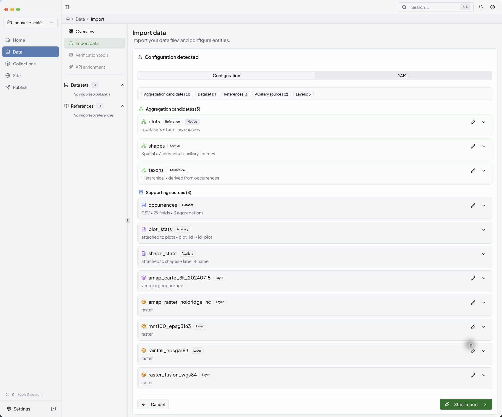 Niamoto import screen with auto-detected sources and columns