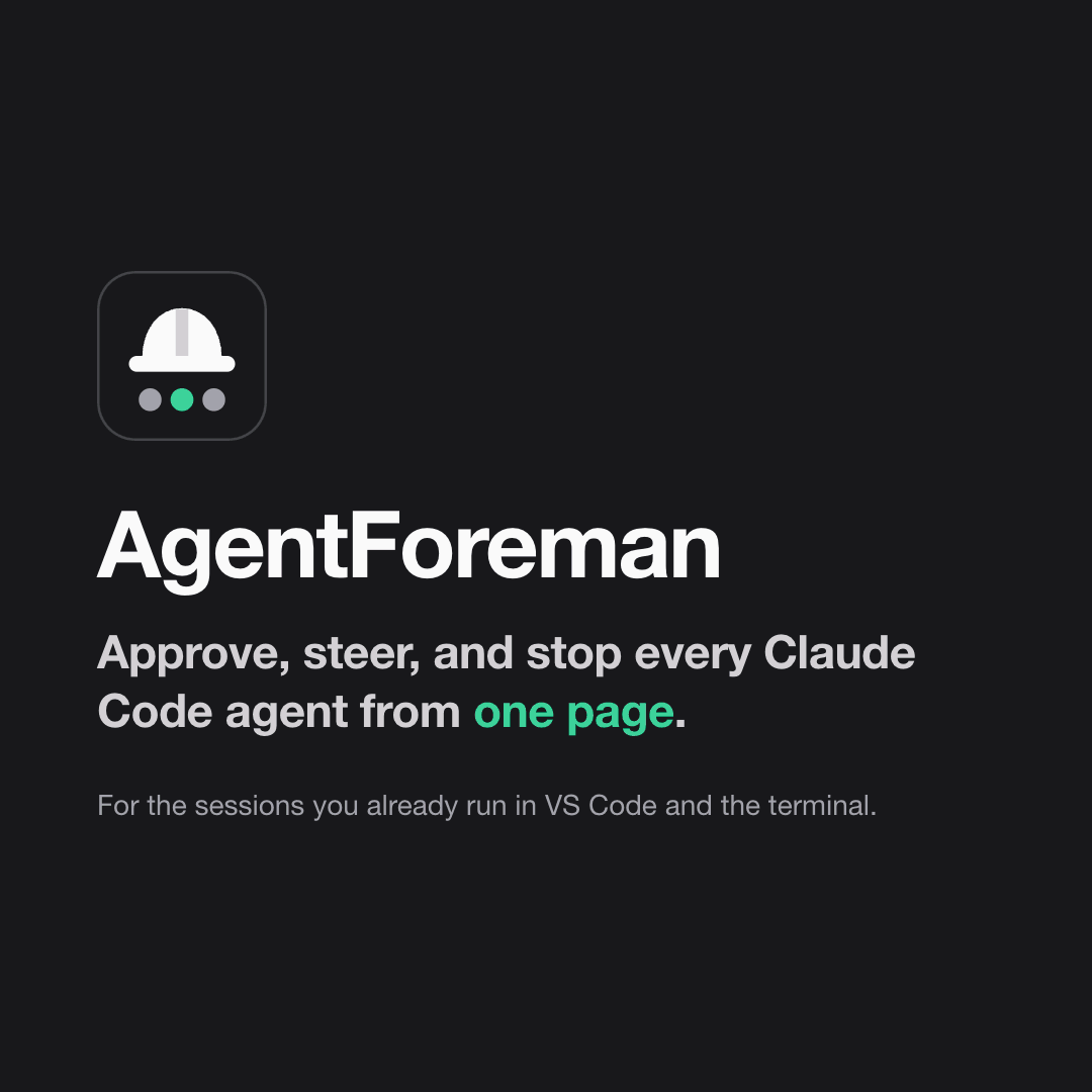 A one-minute tour of AgentForeman on sample sessions. It shows an approval with its diff, approve all, a rule, a note, the same-file guard, teammates, and a stop.