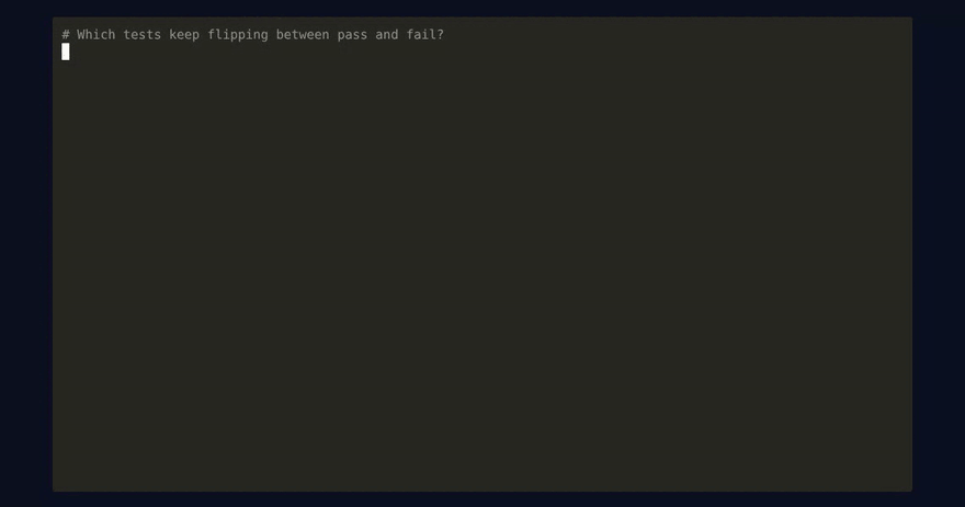 Terminal recording: testo flaky finds the flaky fake-api test with its pass and fail history, testo report markdown prints the run as a pull request comment, and testo plugins lists the built-in frameworks and reporters