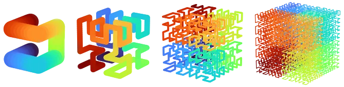 3D Hilbert curves animation grid for nbits 1..4