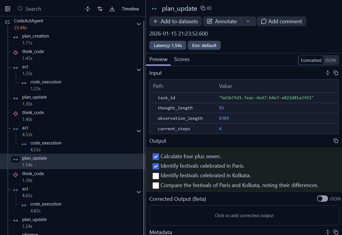 KodeAgent trace on Langfuse dashboard