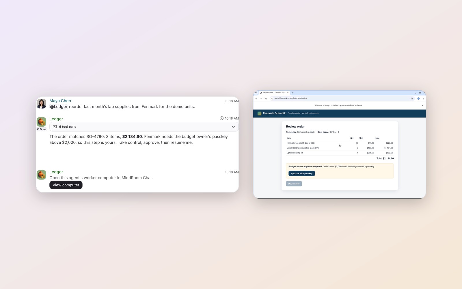 The agent hands over the passkey step next to its browser on the order page