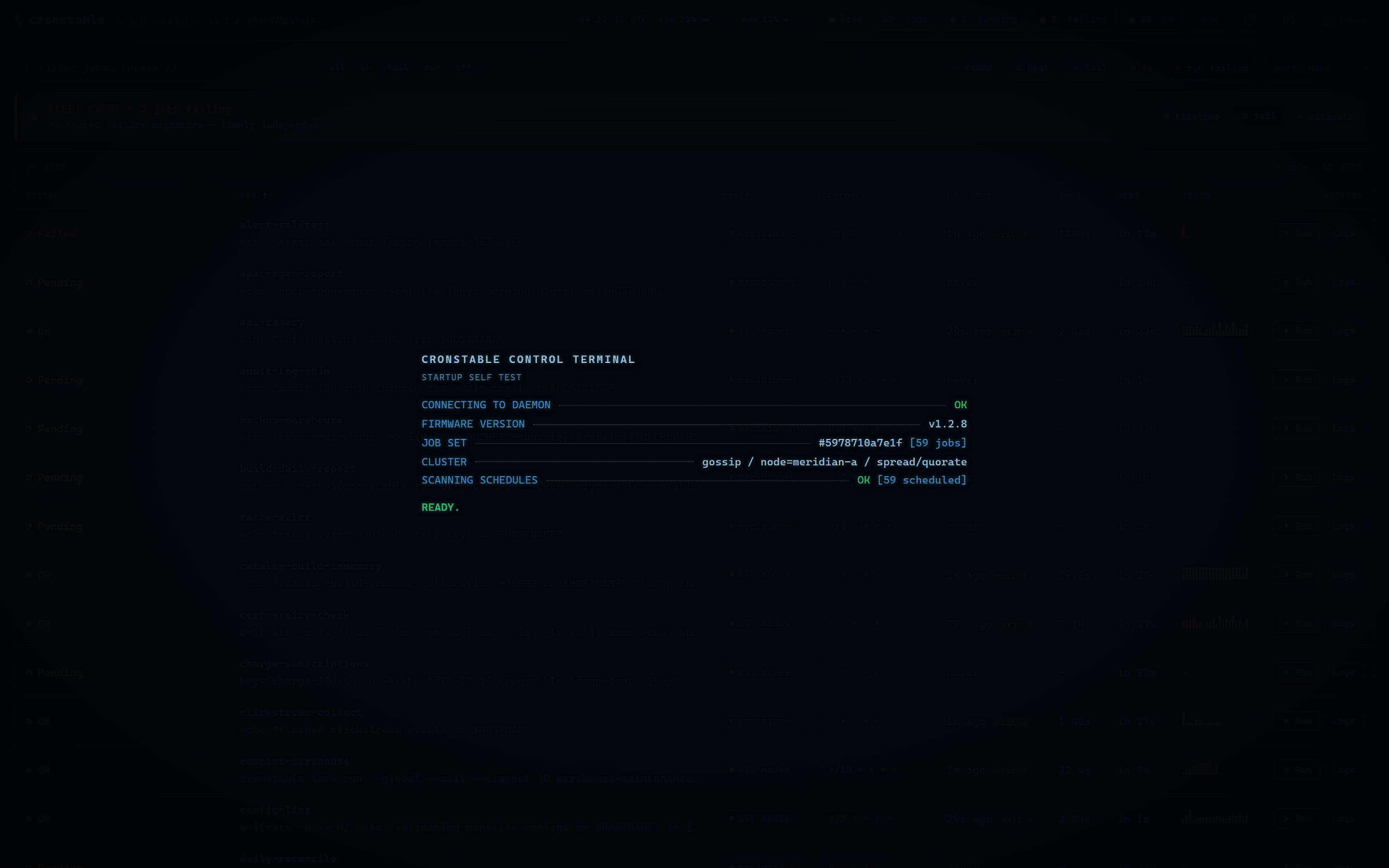 The boot self-test screen: firmware version, job-set id, cluster role, and schedule scan, all OK