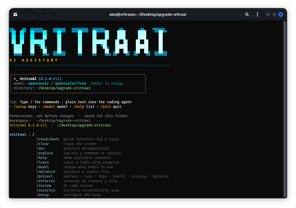 VritraAI 1.0.0-cli - banner, workspace status, slash command menu