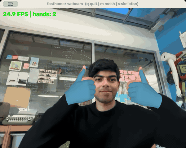 fasthamer-webcam: live 3D hand meshes on both hands at ~26 FPS