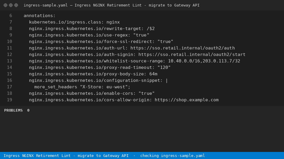 Ingress NGINX Retirement Lint - migrate to Gateway API — finds the line