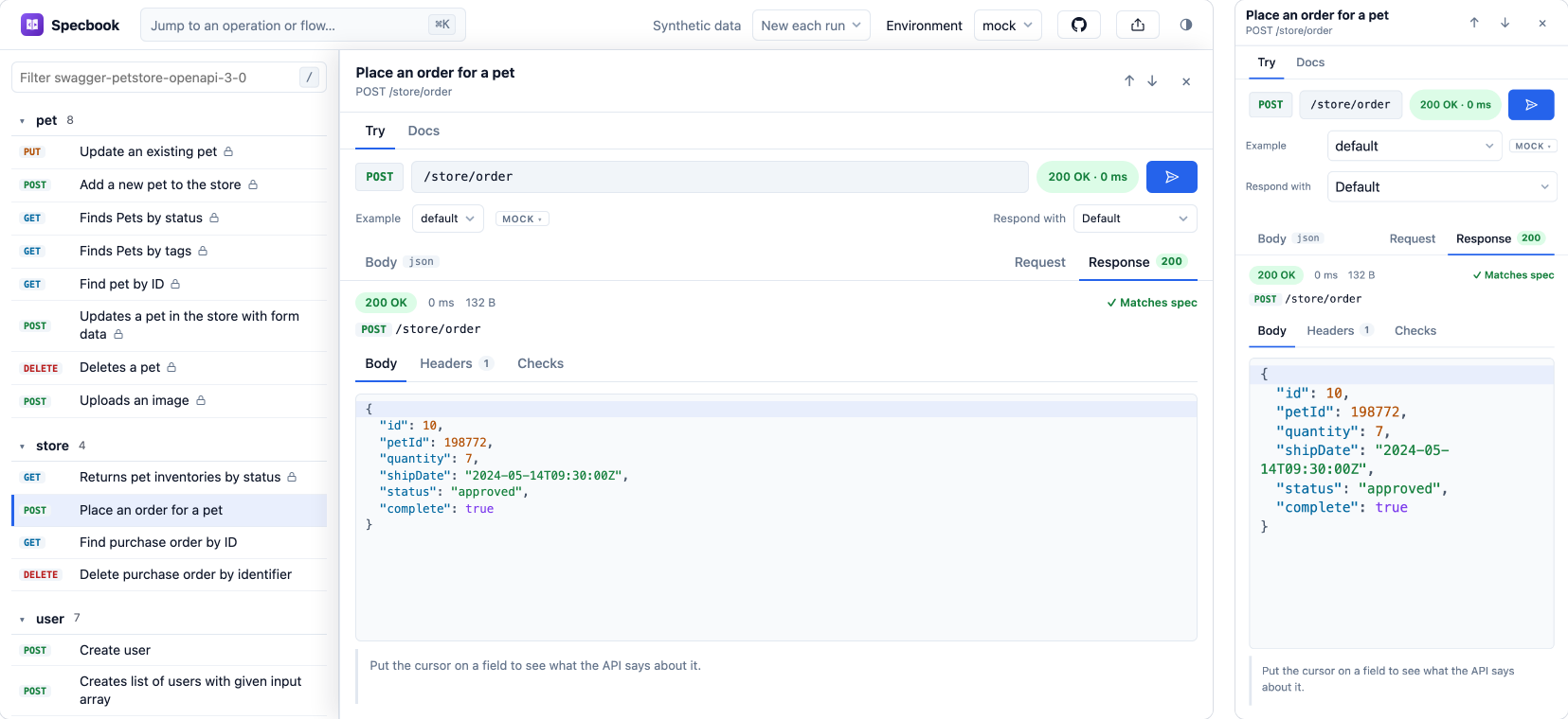 Specbook with the Petstore spec open on a laptop and on a phone