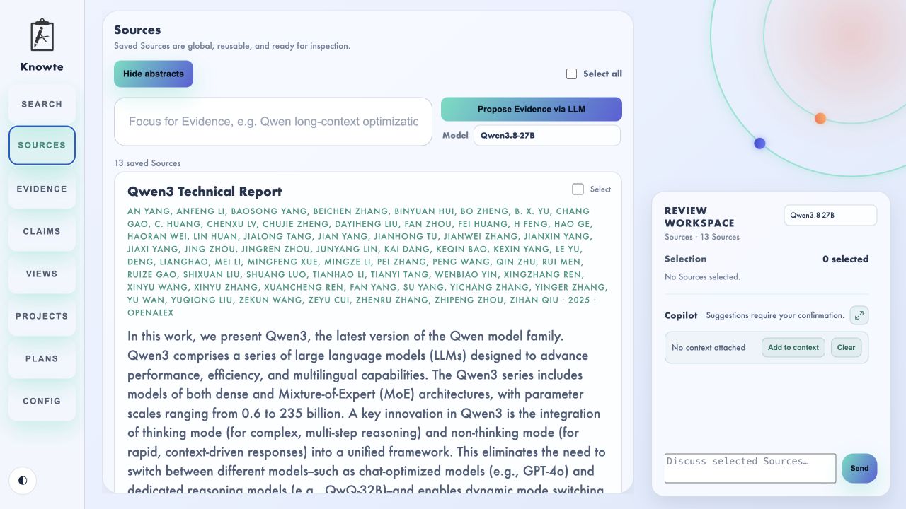 Knowte Sources workspace with saved papers, Evidence proposal controls, and contextual Review workspace