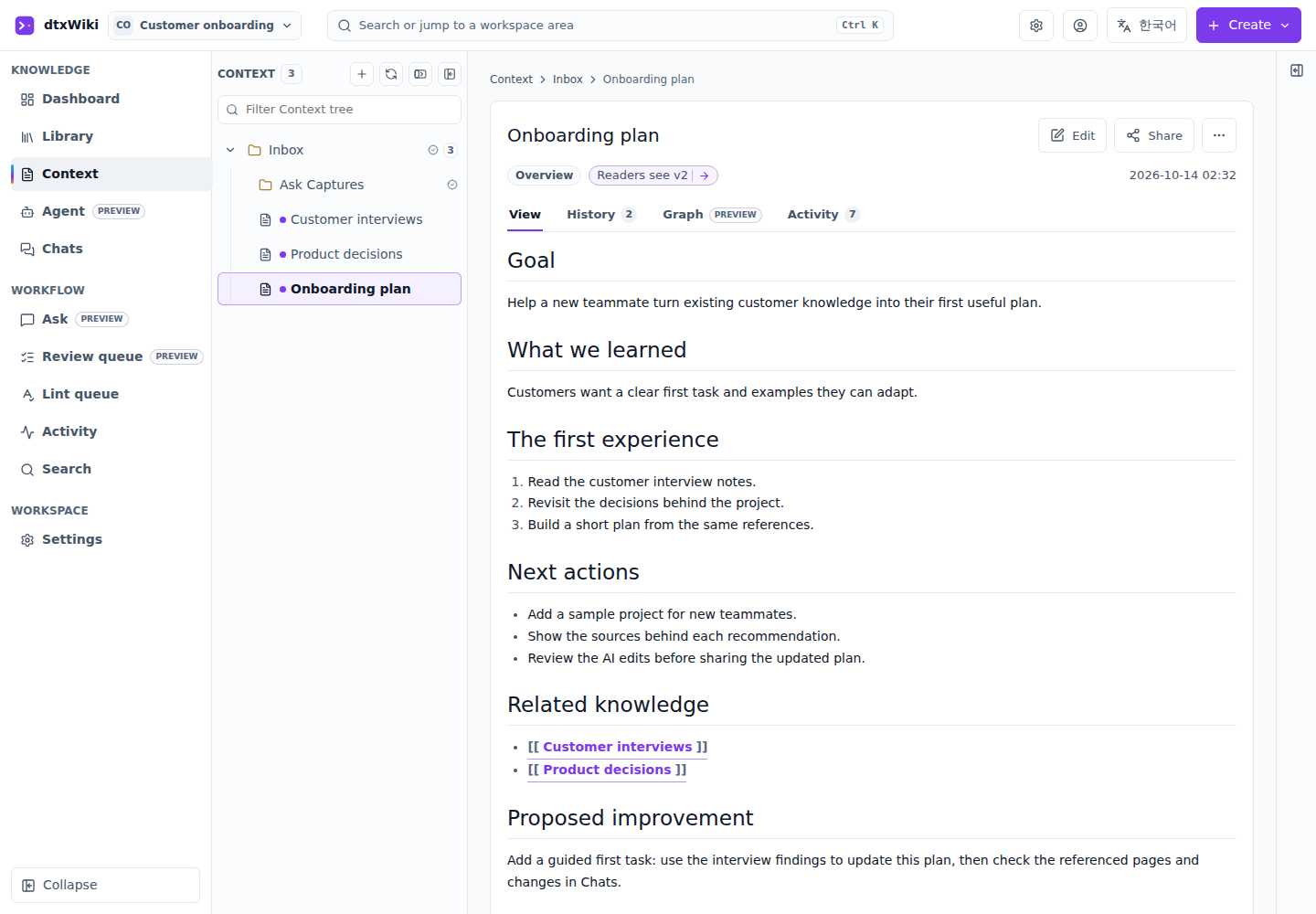 Actual dtxWiki Context screen showing an onboarding plan, interview notes, and product decisions.
