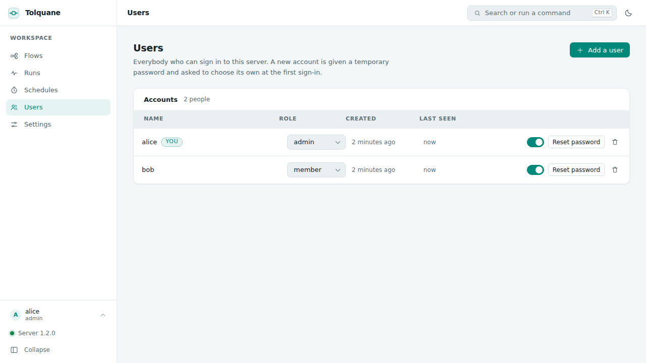 The Users page: accounts with their roles