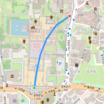 A route drawn on an OSM map with start/end markers