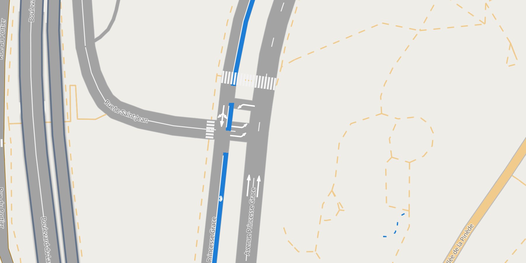 Monaco drawn by lanestyle: a bus lane in blue, dashed dividers, a turn label on every lane, a roundabout