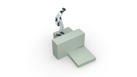 Rendered humanoid crouching and climbing on stepped terrain