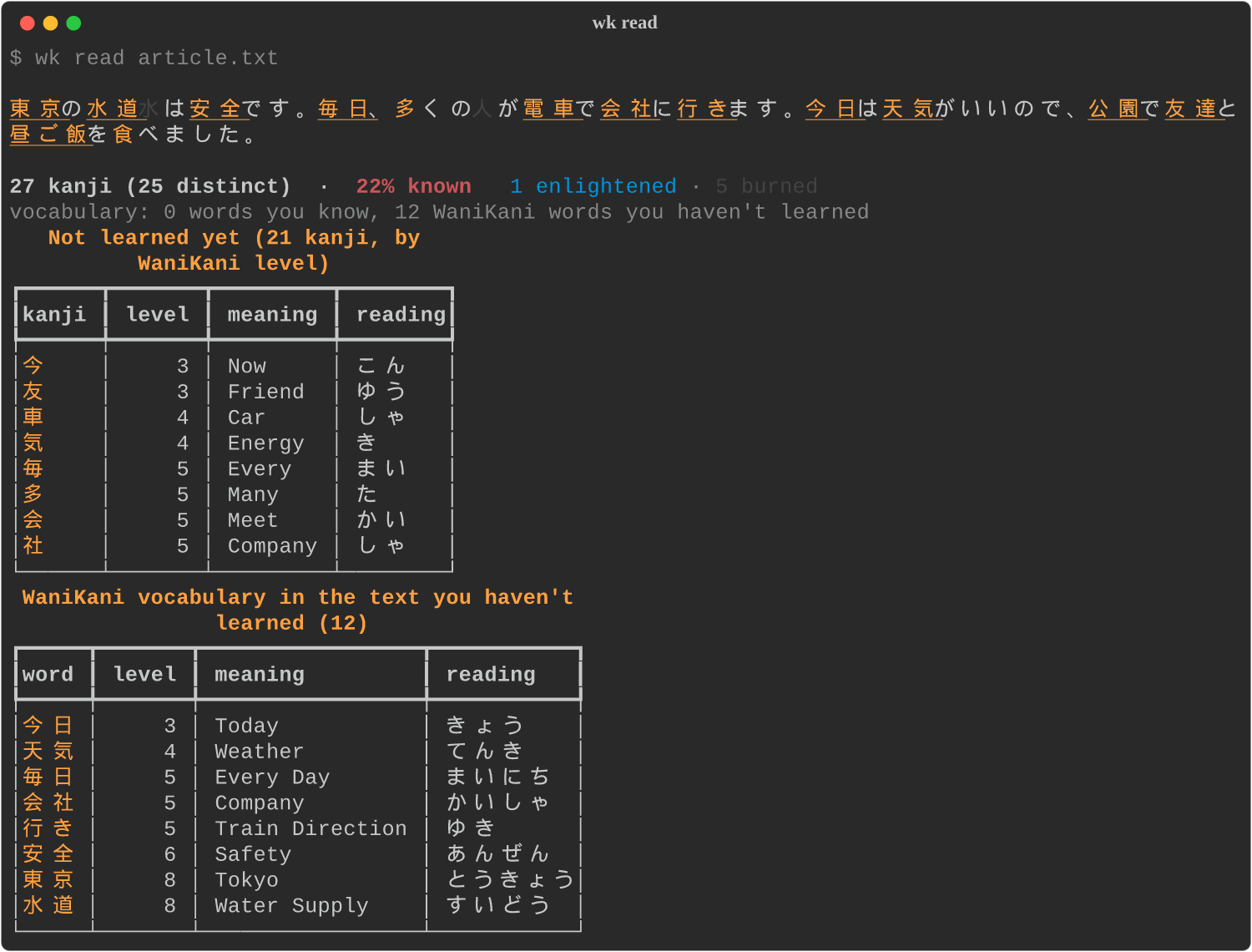 wk read: a Japanese text coloured by what you know