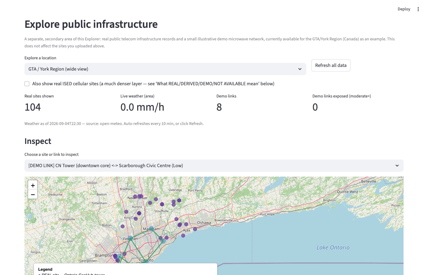 Microwave Weather Explorer: map showing real Ontario GeoHub telecom towers (purple) and a demo microwave network (green links) across the GTA/York Region, with live weather and provenance-labeled summary metrics