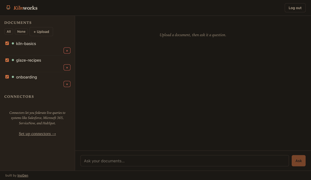 Kilnworks answering a question with citations — fully local via Ollama