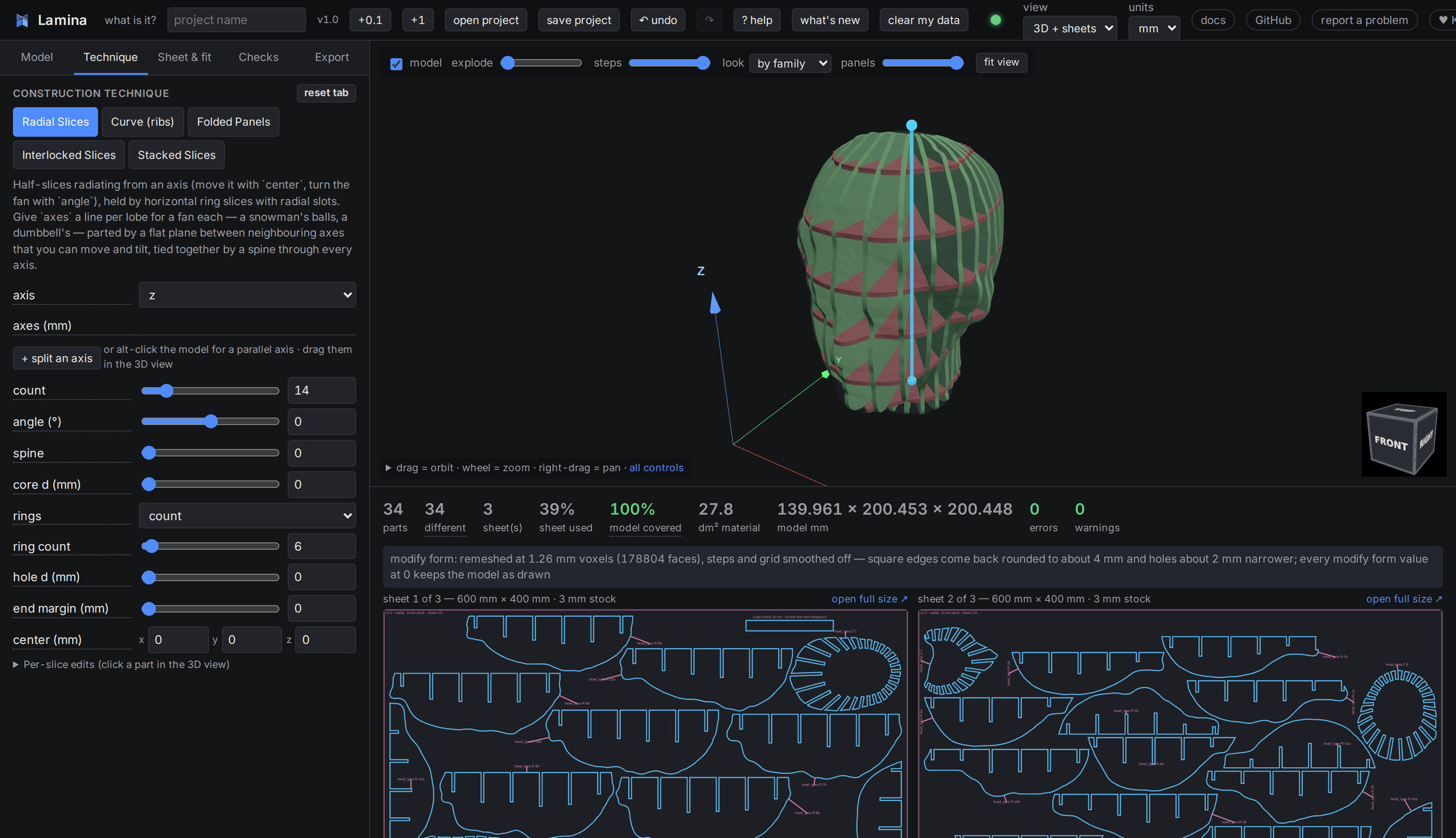 The Lamina interface: parameters on the left, a 3D preview of a radially sliced head, cut sheets below