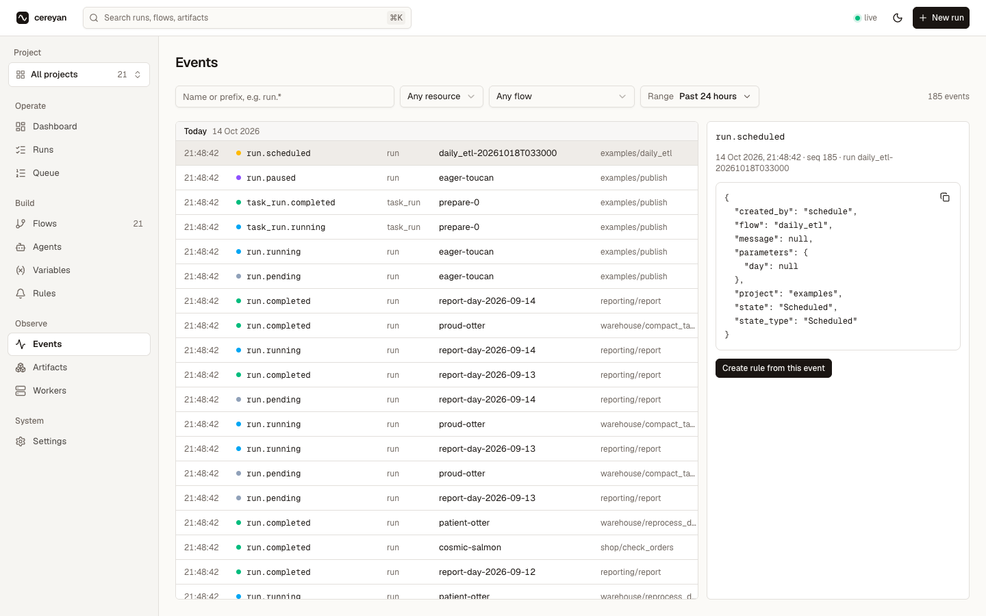 Events page with the live feed and a JSON payload viewer