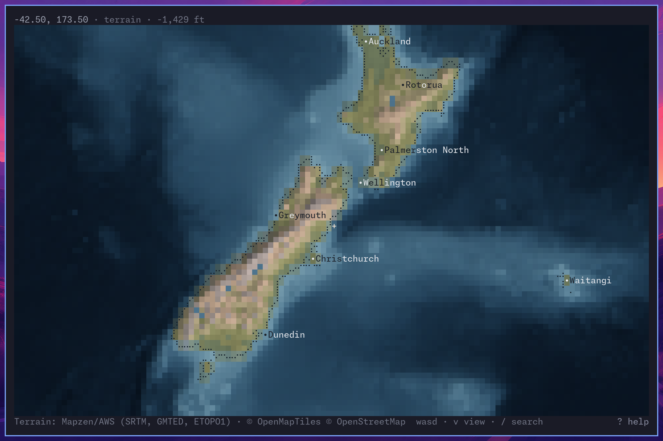 terrain map of New Zealand, with the seafloor around it